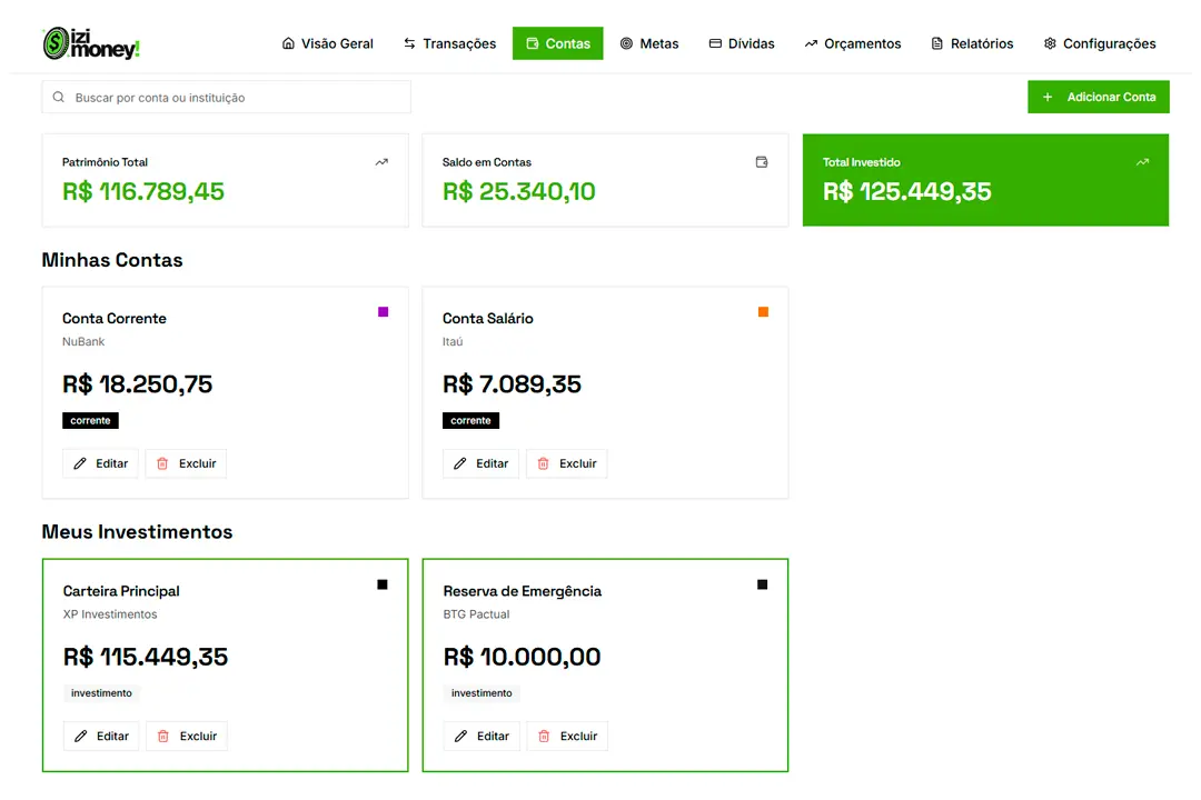 Mockup de Contas e Investimentos