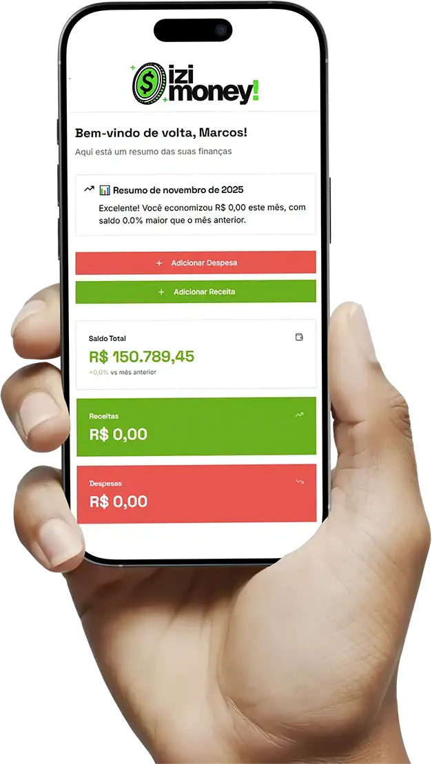 App IziMoney no celular mostrando dashboard de finanças